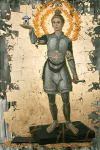 Guardian Power Facing North Oil and Gold Leaf on Linen72"x36"